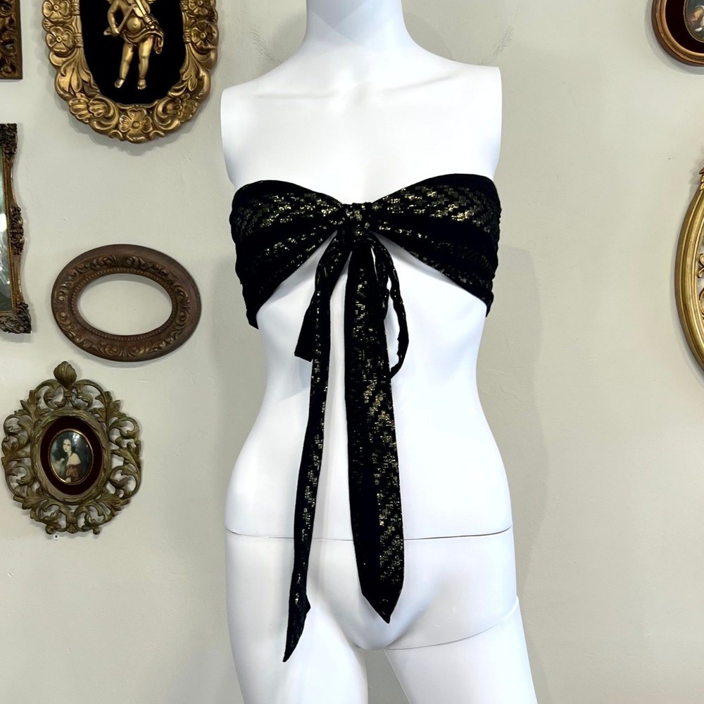 Saylor Black Gold Metallic Silk Blend Strapless Tube Top Tie Front Bodice Small